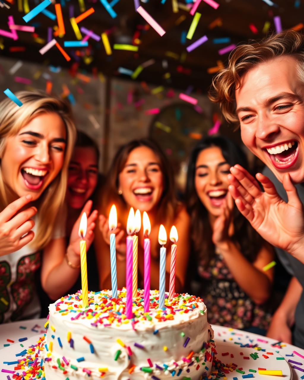 Birthday cake with lit candles and friends cheering with confetti
