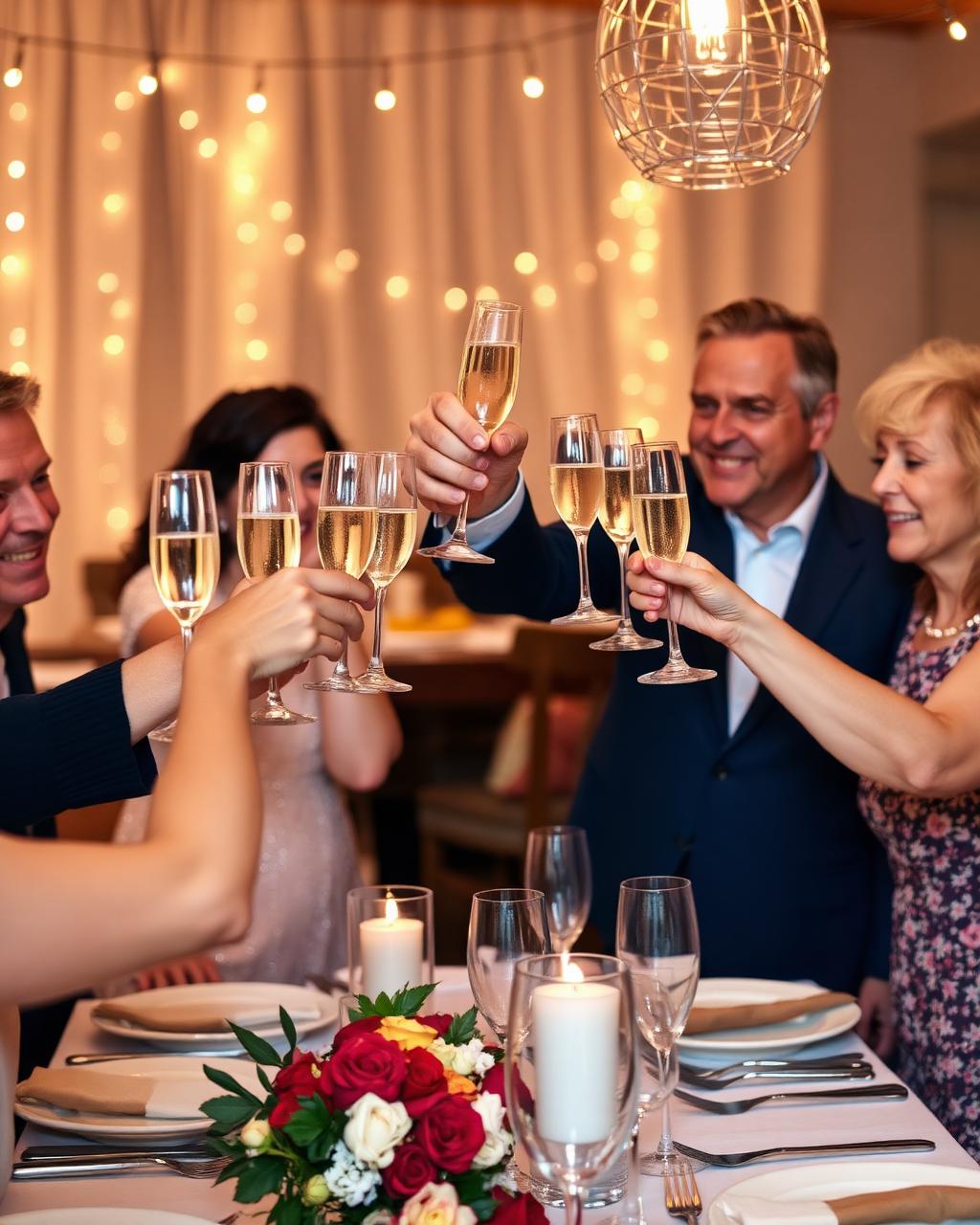 Family raising champagne flutes for an anniversary toast under string lights