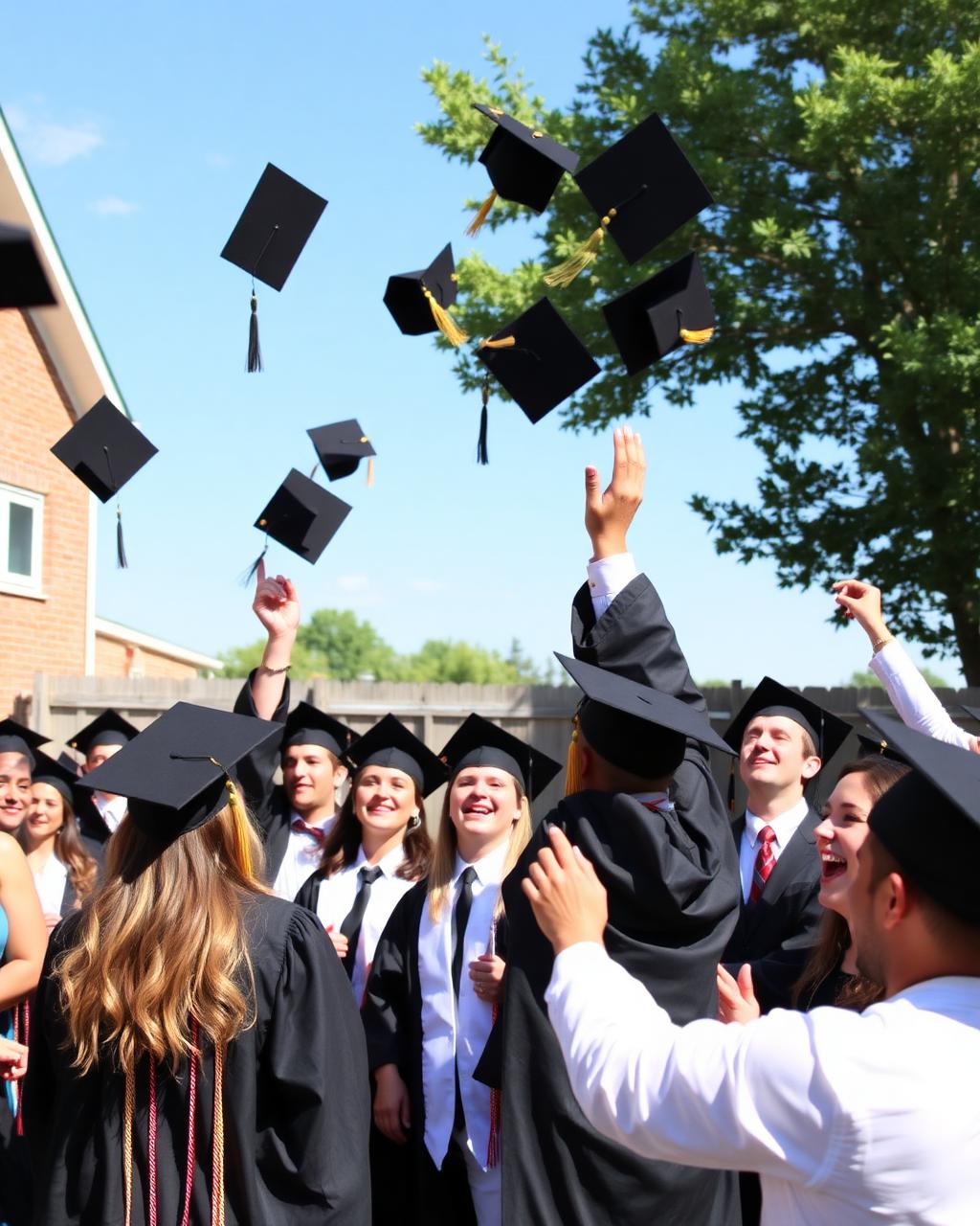 Graduates tossing caps into the air at an outdoor graduation party