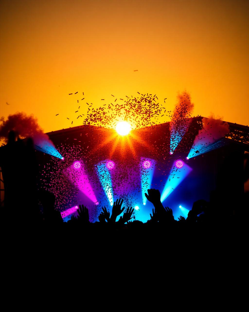 Festival crowd with stage lights and confetti at sunset