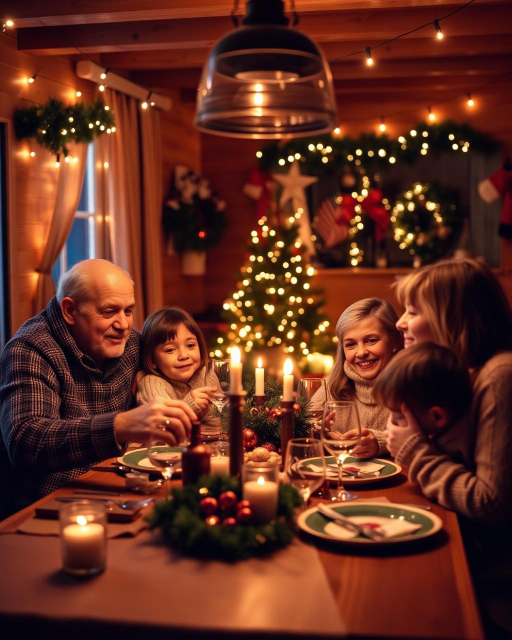 Cozy holiday family gathering with string lights, decorated tree, and dinner table