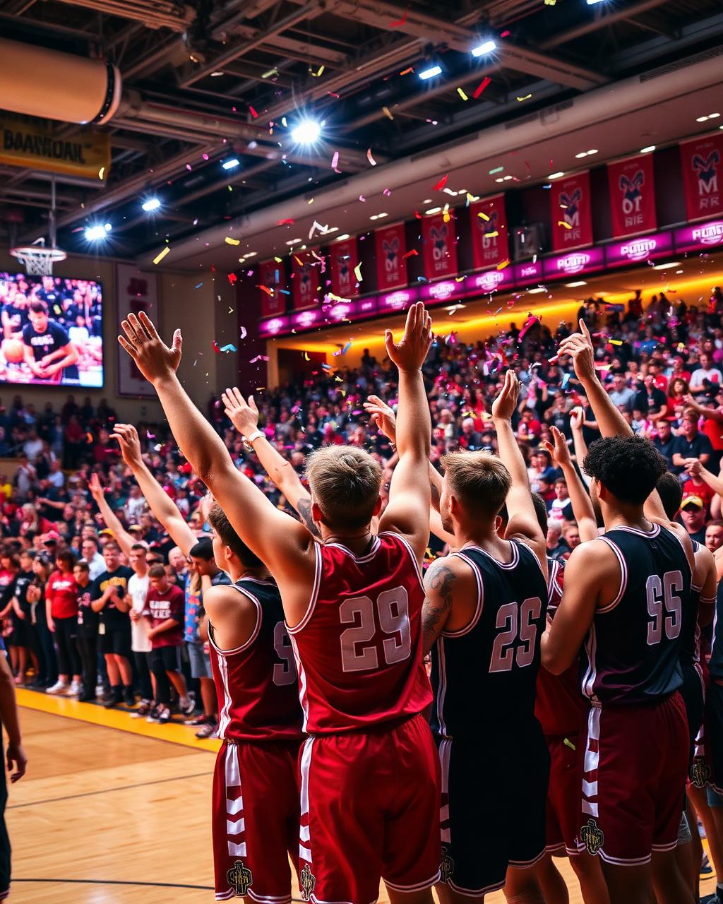 Team lifting a championship trophy with confetti and crowd cheering